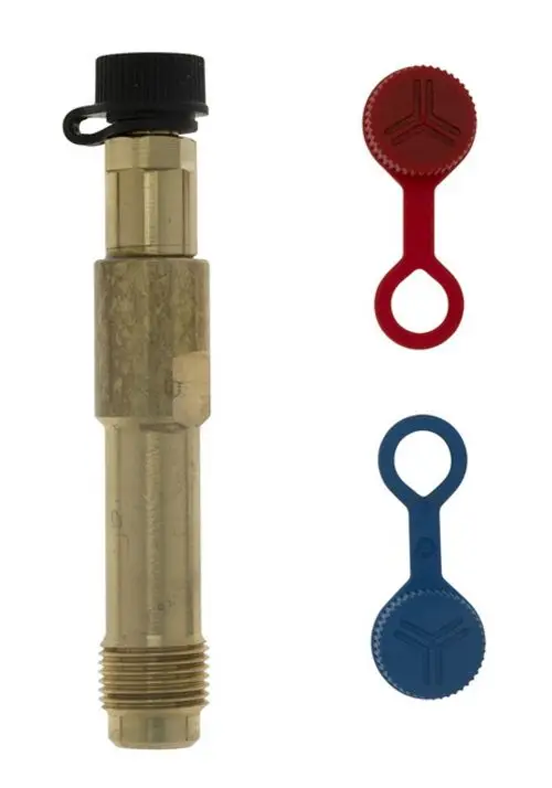 Messnippel in Metalloptik mit zwei Farbkappen (rot und blau) für den Einsatz, hergestellt von IMI Hydronic Engineering.
